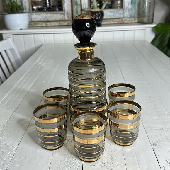 Vintage Other - 🎀Gold&Smoky gray Glassware Mid-century Modern Liquor Decanter5 Cordial Glasses
